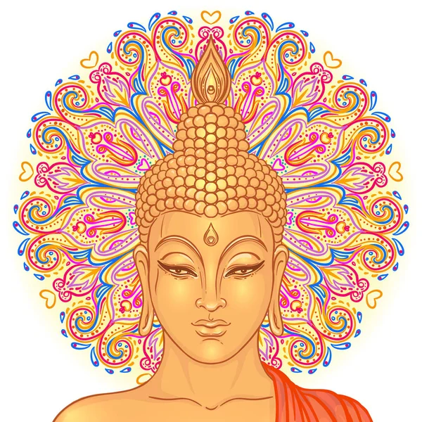 Buda cabeza sobre adornado patrón redondo mandala. Vector illustrati — Vector de stock