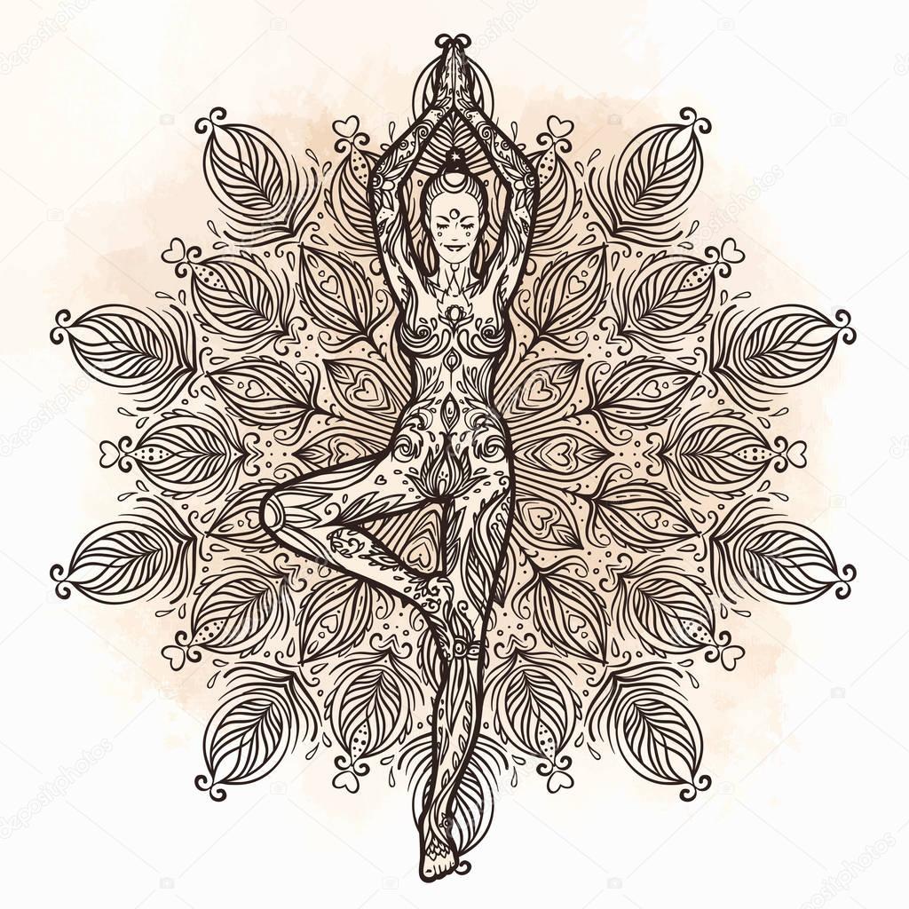 Pretty girl in yoga pose over ornate round mandala pattern. Yoga