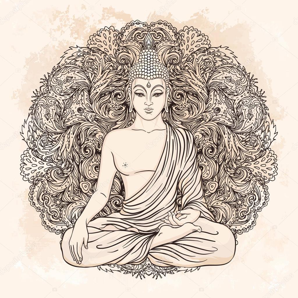 Buddha face in ornate mandala round pattern over beige vintage b