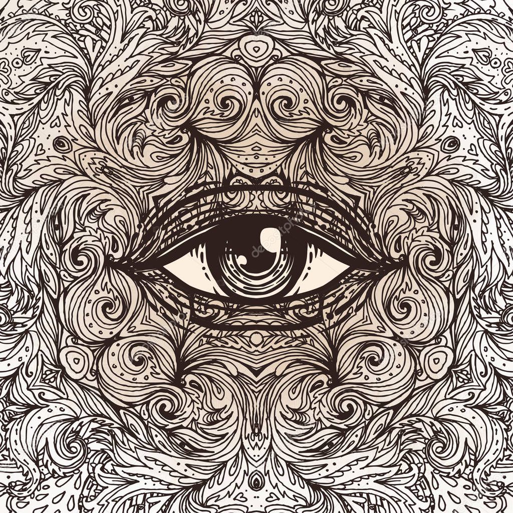 All seeing eye in ornate round mandala pattern. Mystic, alchemy,