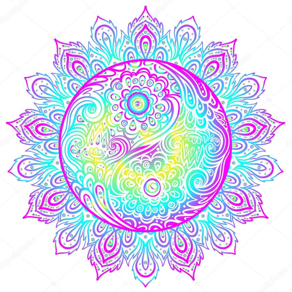 Yin Yang harmony sign over ornate mandala round pattern. vector 