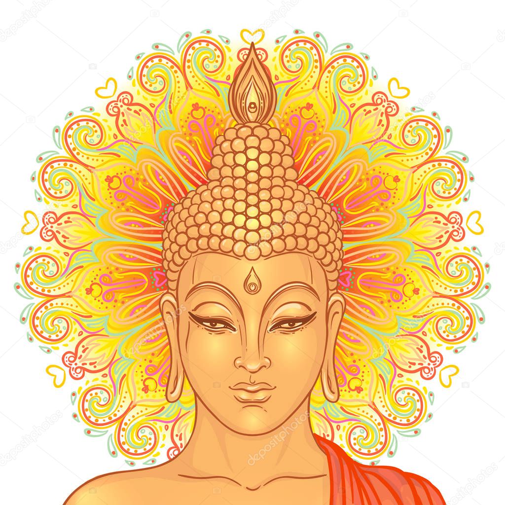 Buddha head over ornate mandala round pattern. Vector illustrati