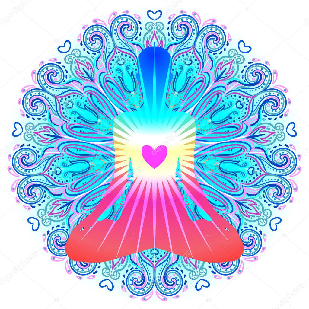 Heart Chakra concept. Inner love, light and peace. Silhouette in