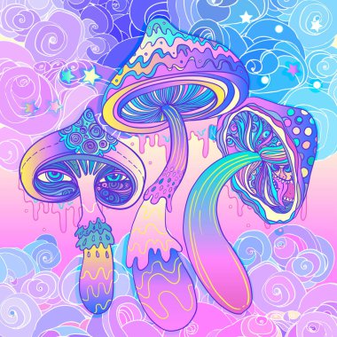 Magic mushrooms. Psychedelic hallucination. Vibrant vector illus