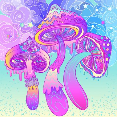 Sihirli mantar. Psychedelic halüsinasyon. Canlı vektör illus