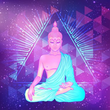 Buda'nın kutsal geometri arka plan üzerinde oturuyor. Vektör illustrat