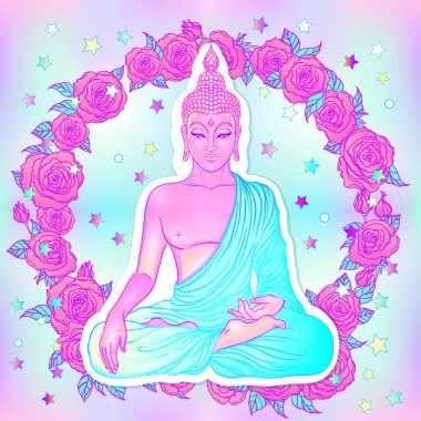 Buda'nın kutsal geometri arka plan üzerinde oturuyor. Vektör illustrat