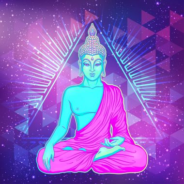 Buda'nın kutsal geometri arka plan üzerinde oturuyor. Vektör illustrat