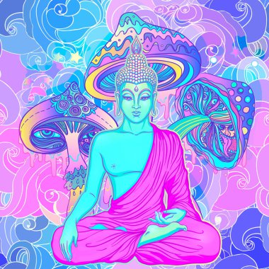 Buda'nın kutsal geometri arka plan üzerinde oturuyor. Vektör illustrat