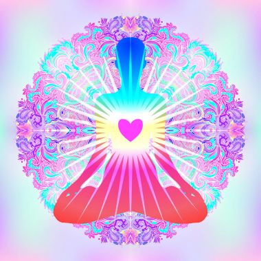 Kalp çakra kavramı. İç aşk, ışık ve barış. Siluet içinde