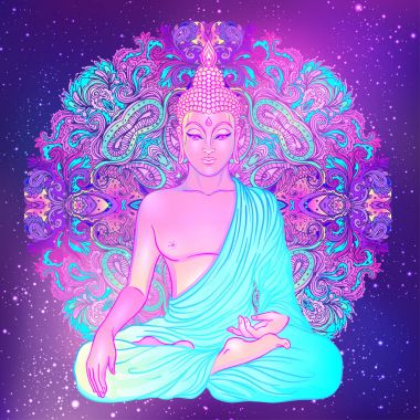 Buda'nın kutsal geometri arka plan üzerinde oturuyor. Vektör illustrat