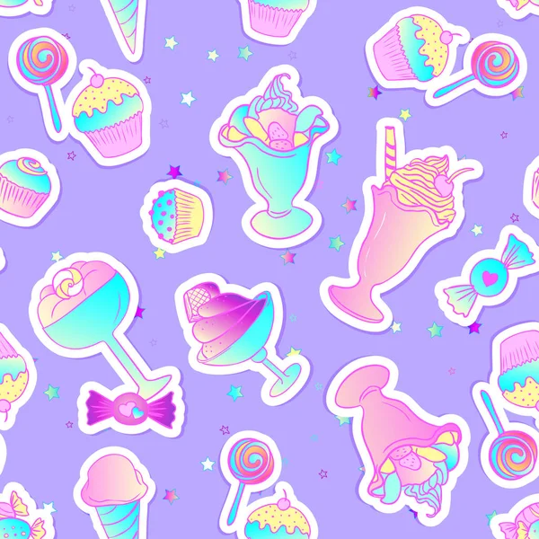 Pastelería de colores brillantes y postres iconos lindos pastelería. Sin costura p — Vector de stock