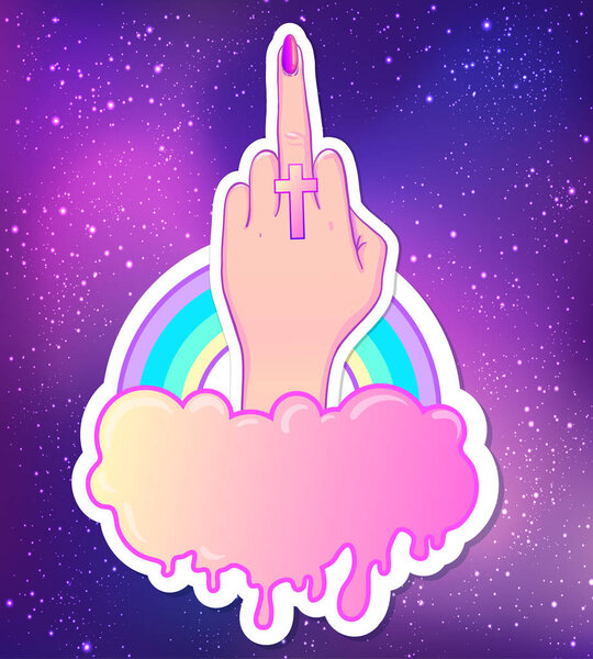 Female hand showing middle finger, cloud, rainbow. Realistic sty