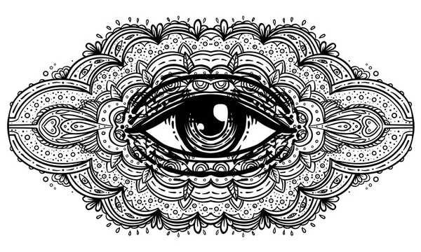 Alle sehenden Auges in kunstvollen Mandala inspirierten Muster. Mystisch, alche — Stockvektor