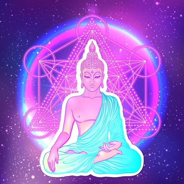 Sittande Buddha över sakral geometri bakgrund. Vector nedanstående — Stock vektor