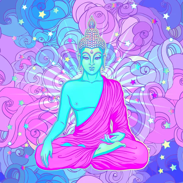 Sitzender Buddha über heiligem geometrischem Hintergrund. Vektorillustration — Stockvektor