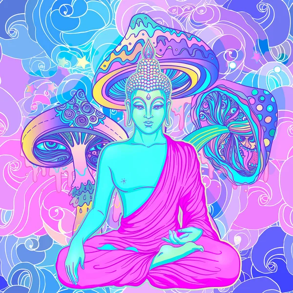 Buda sentado sobre fundo geométrico sagrado. Vector ilustrat — Vetor de Stock