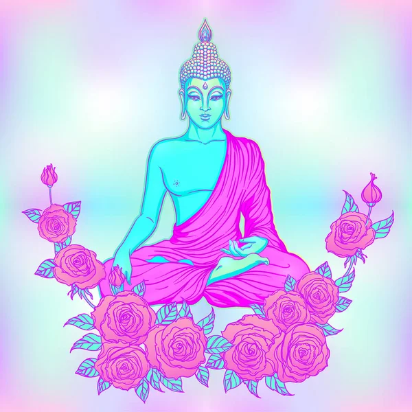 Sittande Buddha över sakral geometri bakgrund. Vector nedanstående — Stock vektor