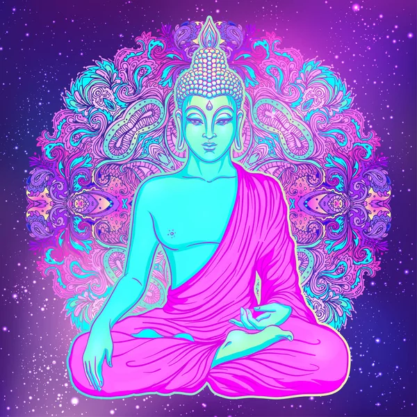 Bouddha assis sur fond de géométrie sacrée. Illustrat vectoriel — Image vectorielle