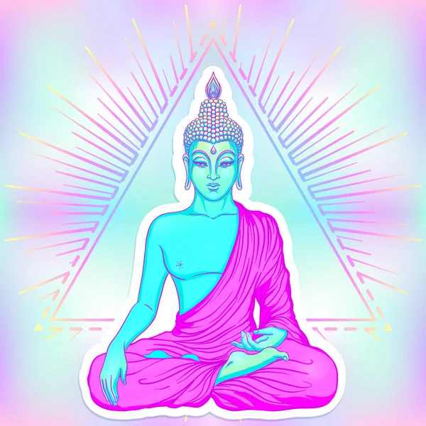 Buddha seduto su sfondo geometria sacra. Illustrazione vettoriale — Vettoriale Stock