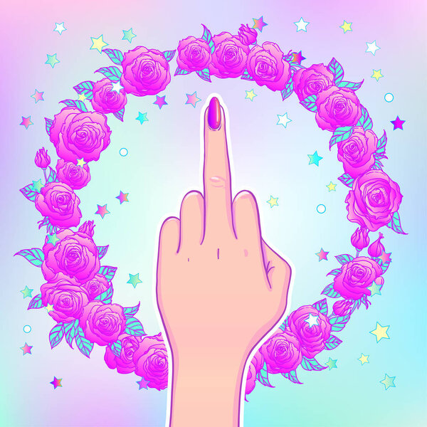 Female hand showing middle finger. Feminism concept, vector illu