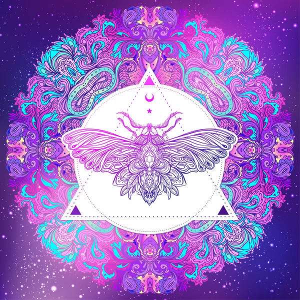 Polilla sobre mandala. Hermoso patrón redondo vintage. Vector illus — Archivo Imágenes Vectoriales