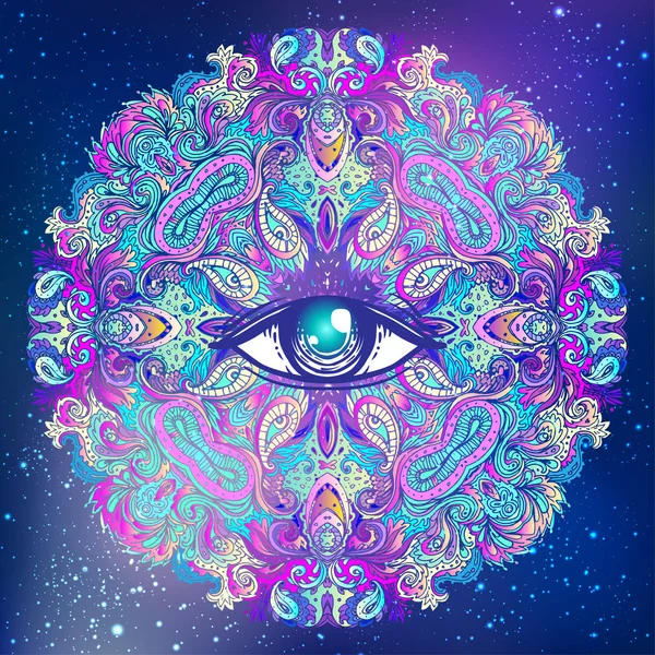 All seeing eye in lotus vector ornamental Lotus flower, ethnic a — Stock Vector