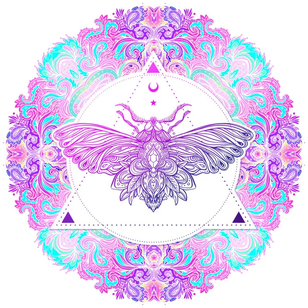 Papillon de nuit sur mandala. Magnifique motif rond vintage. Vecteur illus — Image vectorielle