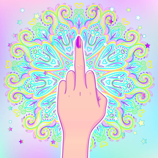 Female hand showing middle finger over mandala, beautiful vintag