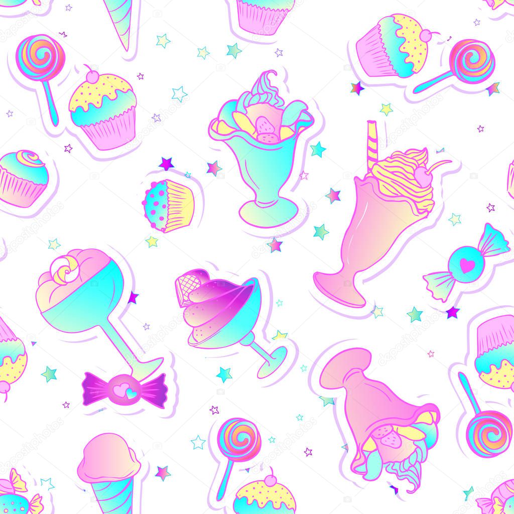 Bright colorful bakery and dessert pastry cute icons. Seamless p