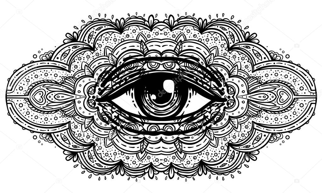 All seeing eye in ornate mandala inspired pattern. Mystic, alche