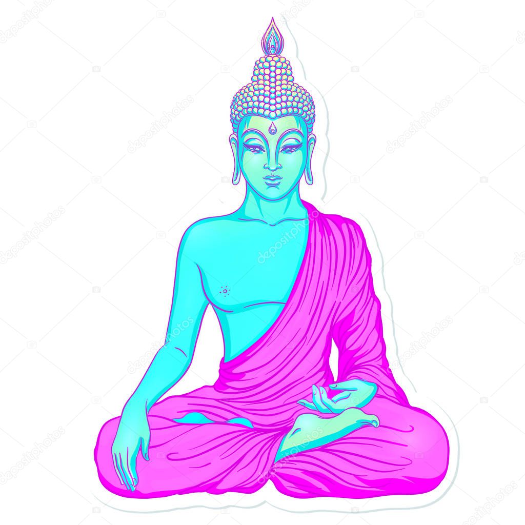 Sitting Buddha over sacred geometry background. Vector illustrat