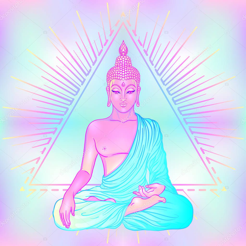 Sitting Buddha over sacred geometry background. Vector illustrat