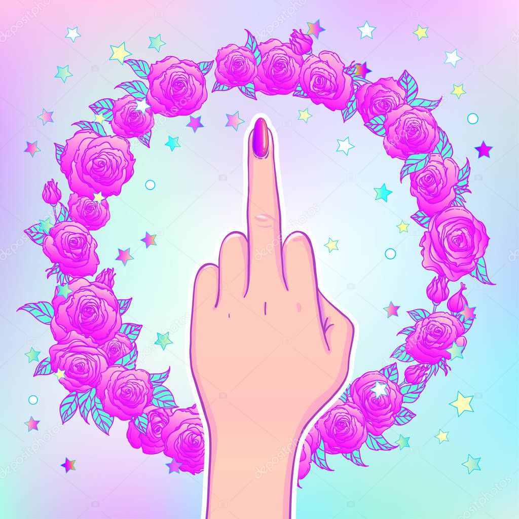 Female hand showing middle finger. Feminism concept, vector illu