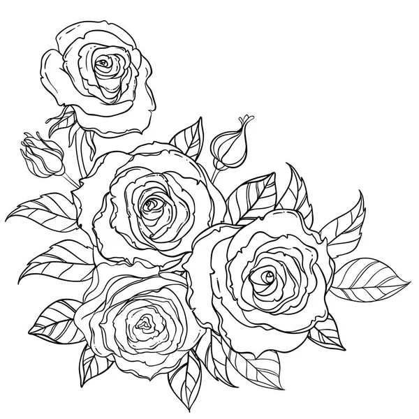Rosas de estilo tatuagem preto e branco com folhas isoladas em branco —  Vetores de Stock