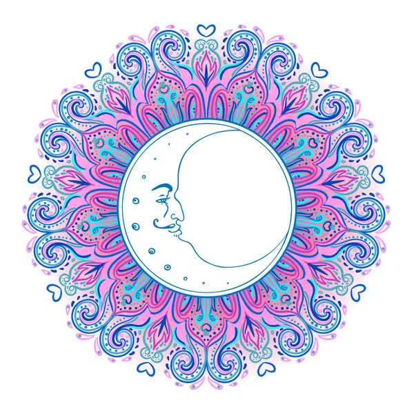 Luna creciente sobre mandala colorido. Ilustración vectorial aislada — Vector de stock