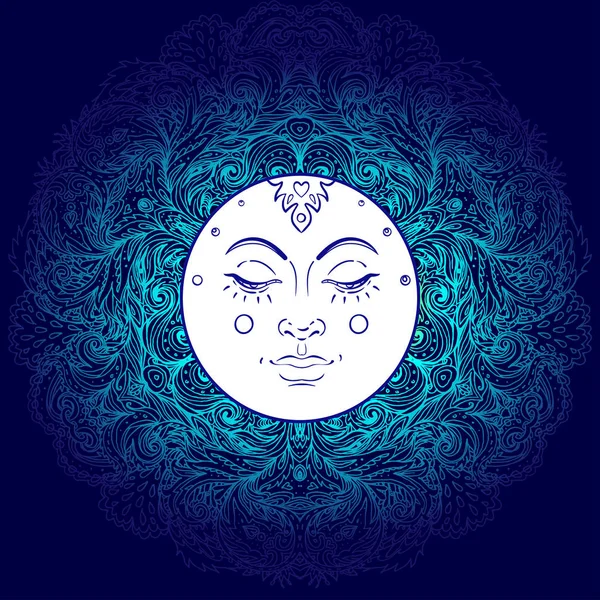 Simbolo del sole come un volto all'interno decorato mandala colorato. Patte rotonda — Vettoriale Stock