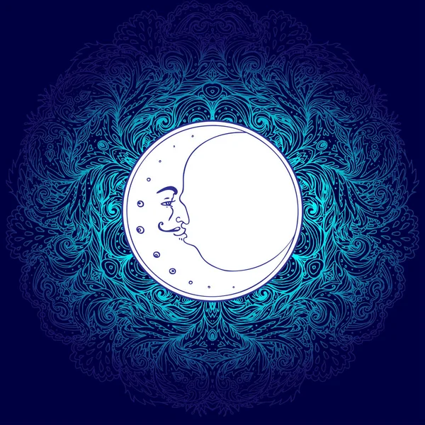 Luna creciente sobre mandala colorido. Ilustración vectorial aislada — Vector de stock