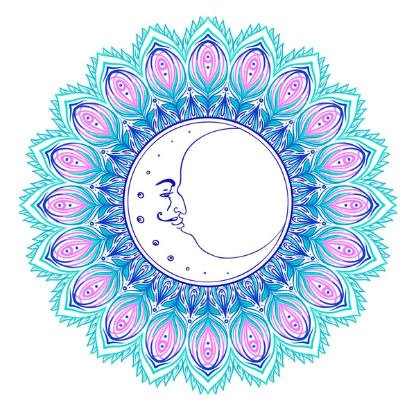 Luna creciente sobre mandala colorido. Ilustración vectorial aislada — Vector de stock