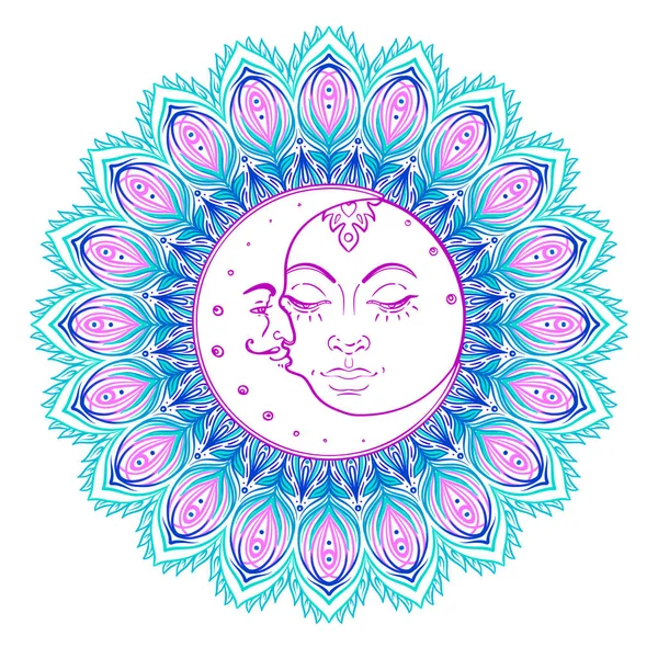 Zon maan symbolen als een gezicht binnen sierlijke kleurrijke mandala. Ronde — Stockvector