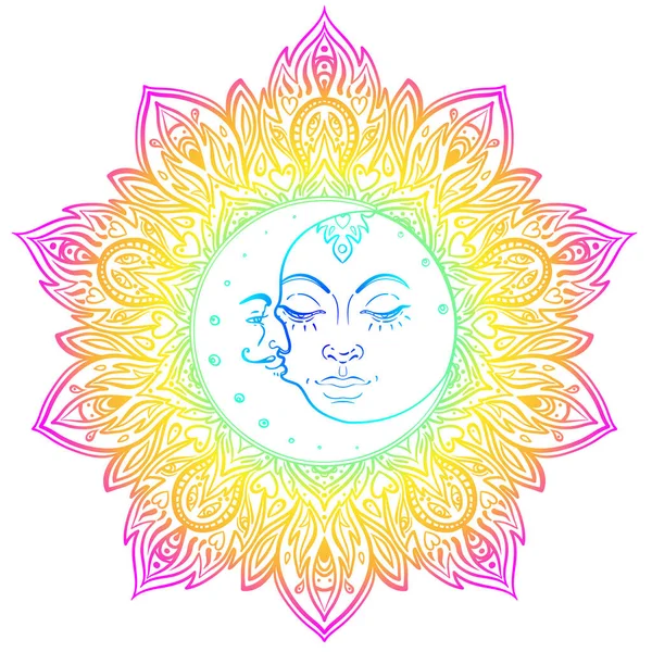 Sol Luna símbolos como una cara en el interior adornado mandala colorido. Ronda — Vector de stock