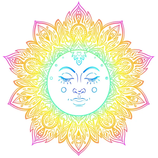 Símbolo del sol como una cara en el interior adornado mandala colorido. Patte redondo — Vector de stock