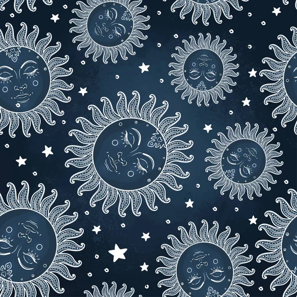 Sun and moon vector seamless pattern with — Stock Vector