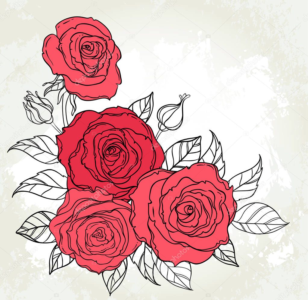 Beautiful roses bouquet drawing on beige grunge background. Hand