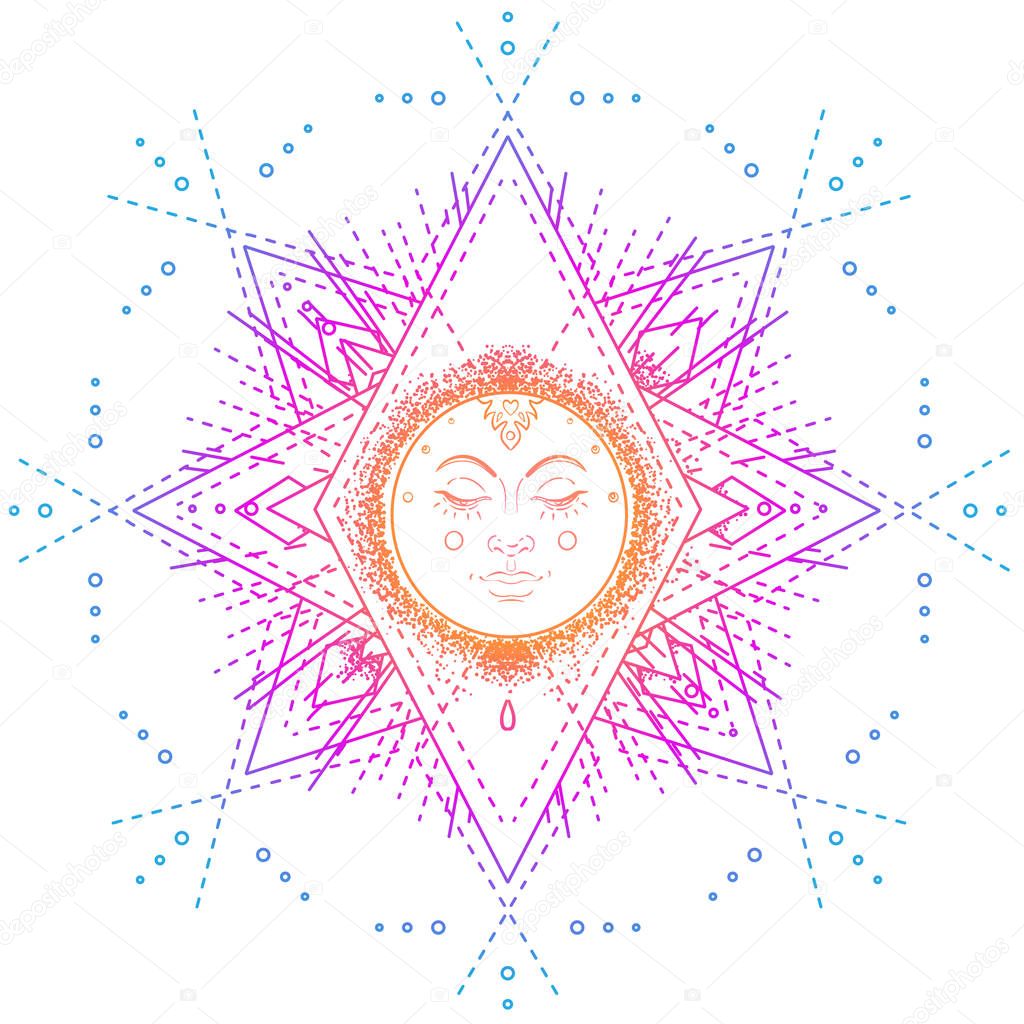 Sun symbol as a face inside ornate colorful mandala. Round patte