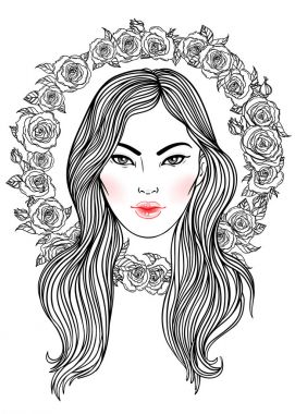 Saçında gül çiçeklerin taç güzel kızla. Kadın bağlantı noktası