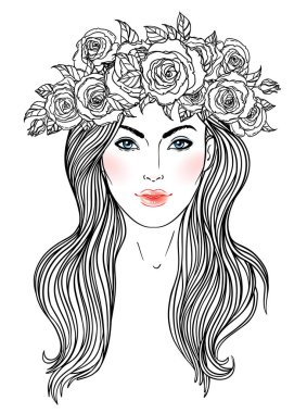 Saçında gül çiçeklerin taç güzel kızla. Kadın bağlantı noktası