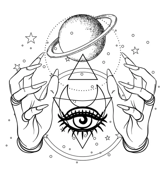 Human hand with space and sacred geometry symbols. Dotwork tatto — Stock Vector