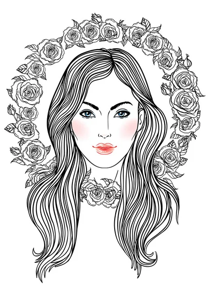 Красива дівчина з короною квітів троянд у волоссі. Жіночий порт — стоковий вектор