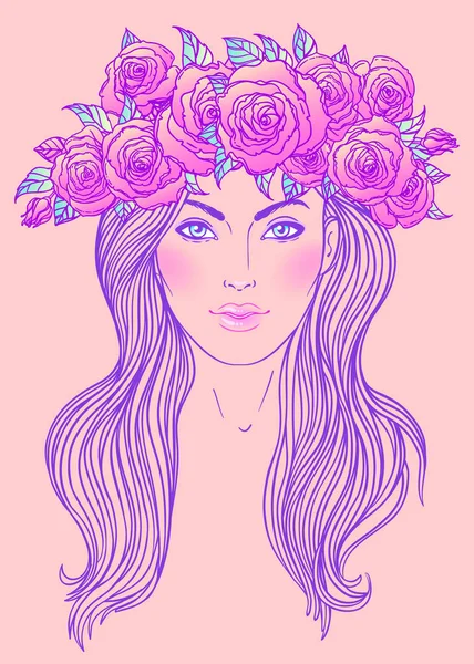 Linda chica con la corona de rosas flores en el pelo. Puerto femenino — Vector de stock